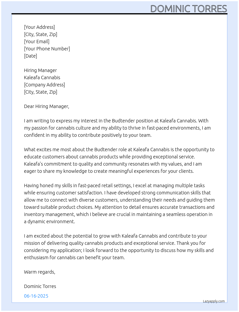Cover letter for budtender - LazyApply