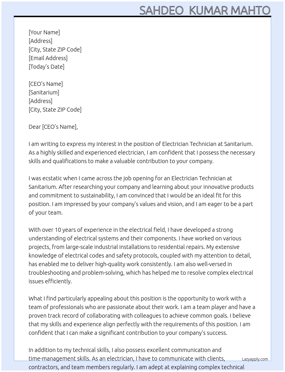 Electrician  Technician  At Sanitarium  Cover Letter