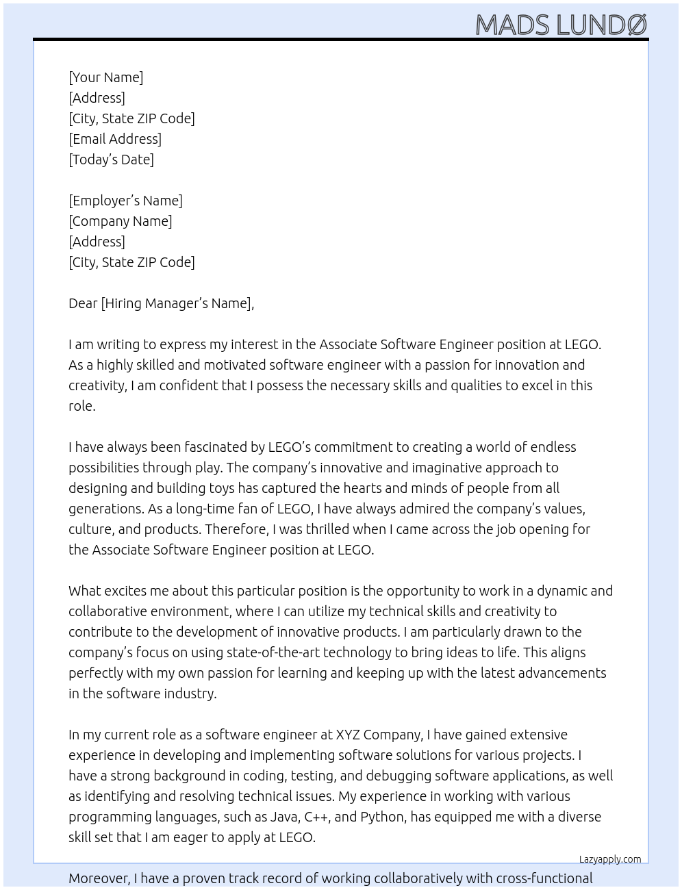 Associate Software Engineer At LEGO Cover Letter