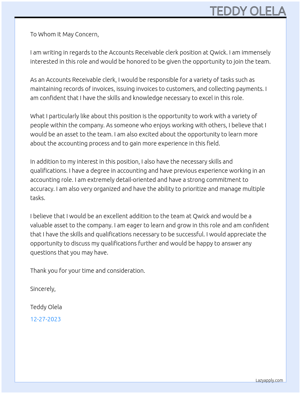 Accounts Receivable clerk At Qwick Cover Letter