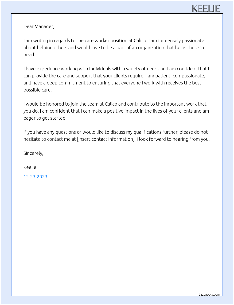 Care worker At calico Cover Letter