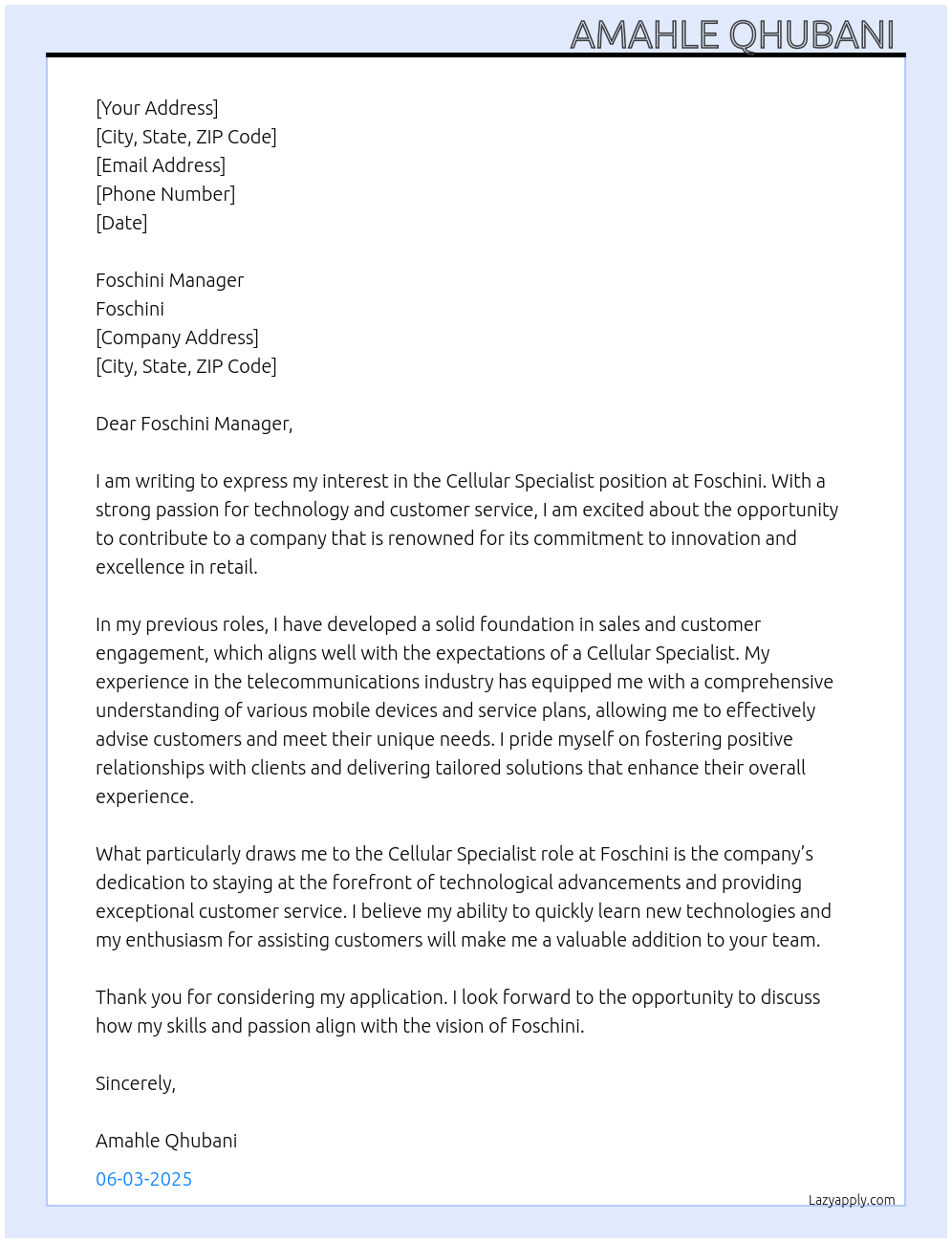 Cellular specialist  At Foschini  Cover Letter