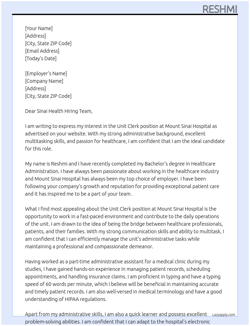 Unit clerk At Mount Sinai Hospital Cover Letter