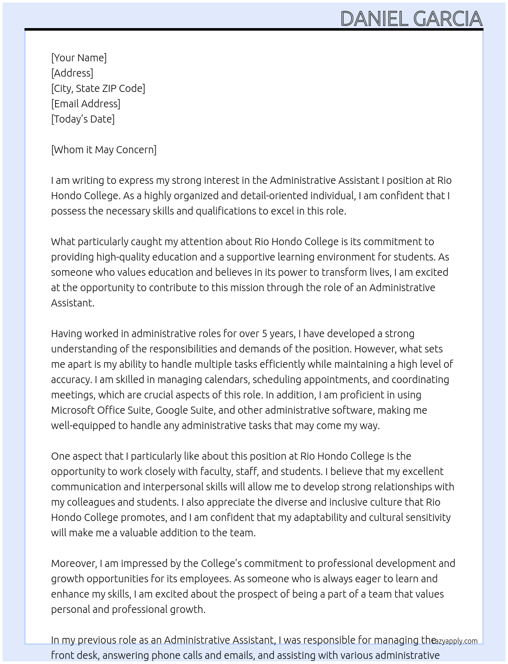 Administrative Assistant I At Rio Hondo College Cover Letter