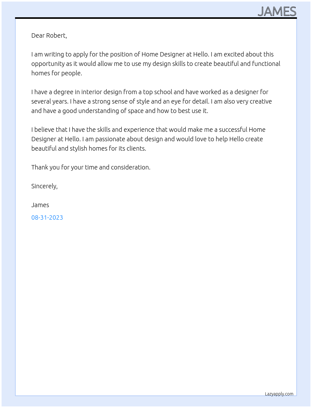 Home Designer At Hello Cover Letter