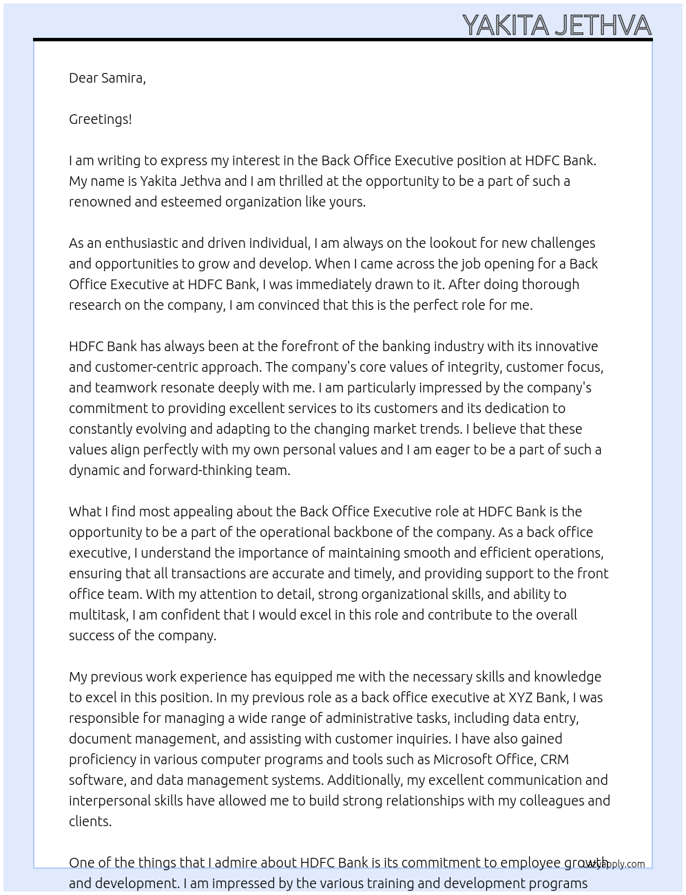 Back Office Executive At HDFC BANK Cover Letter