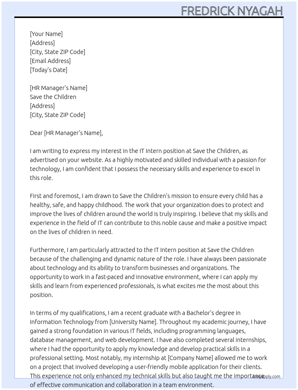 IT intern At save the children Cover Letter