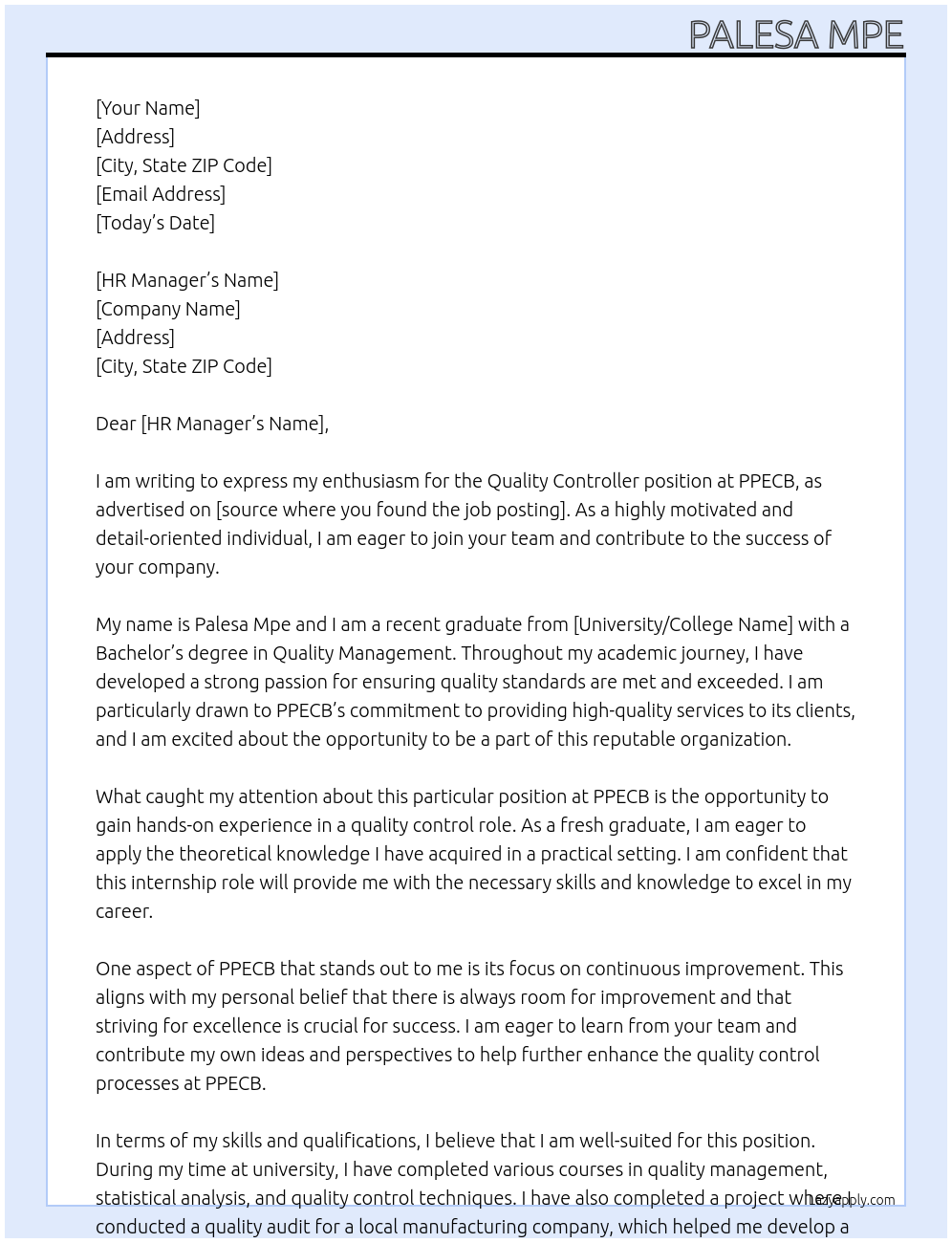 Quality Controller At PPECB Cover Letter