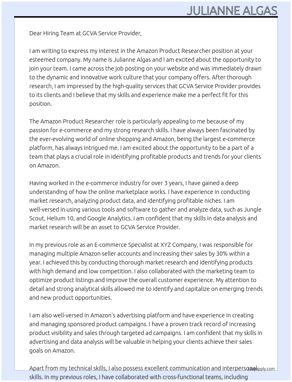 Amazon Product Researcher At GCVA Service Provider  Cover Letter