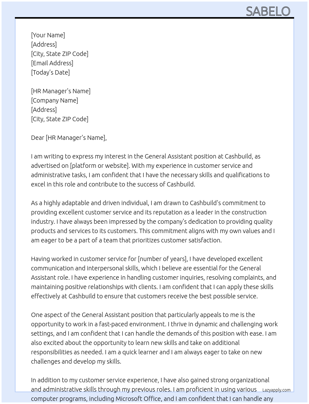 General Assistant  At Cashbuild  Cover Letter