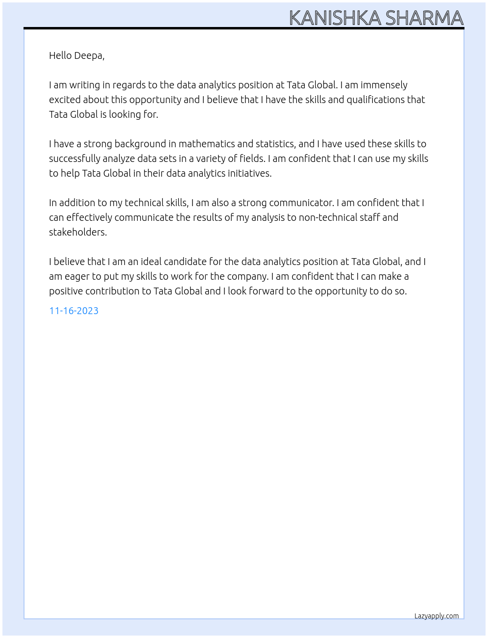 data analytics At tata global internship Cover Letter