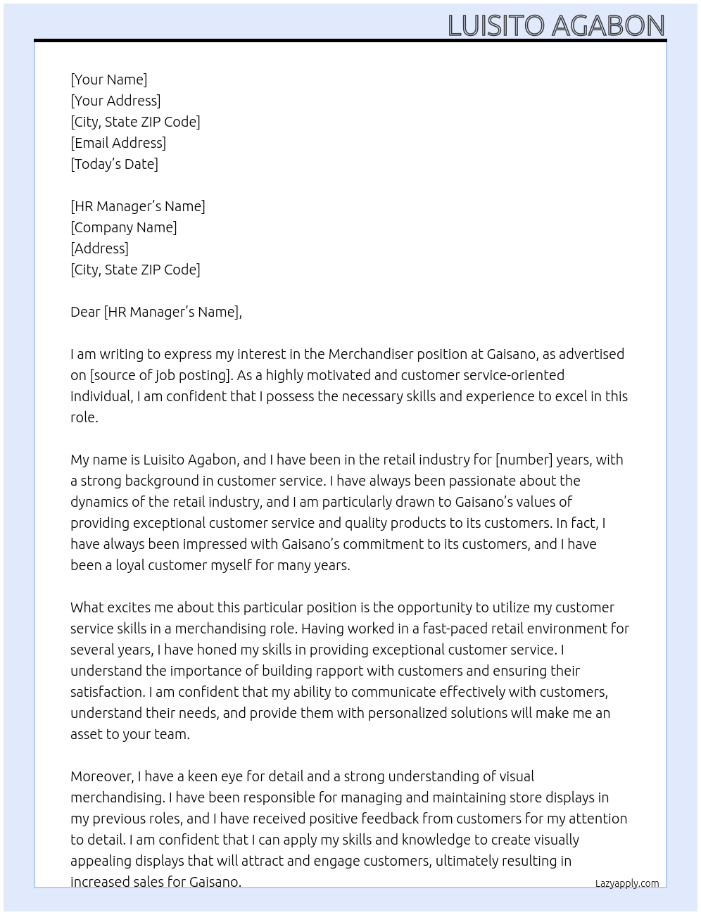 MERCHANDISER At GAISANO Cover Letter