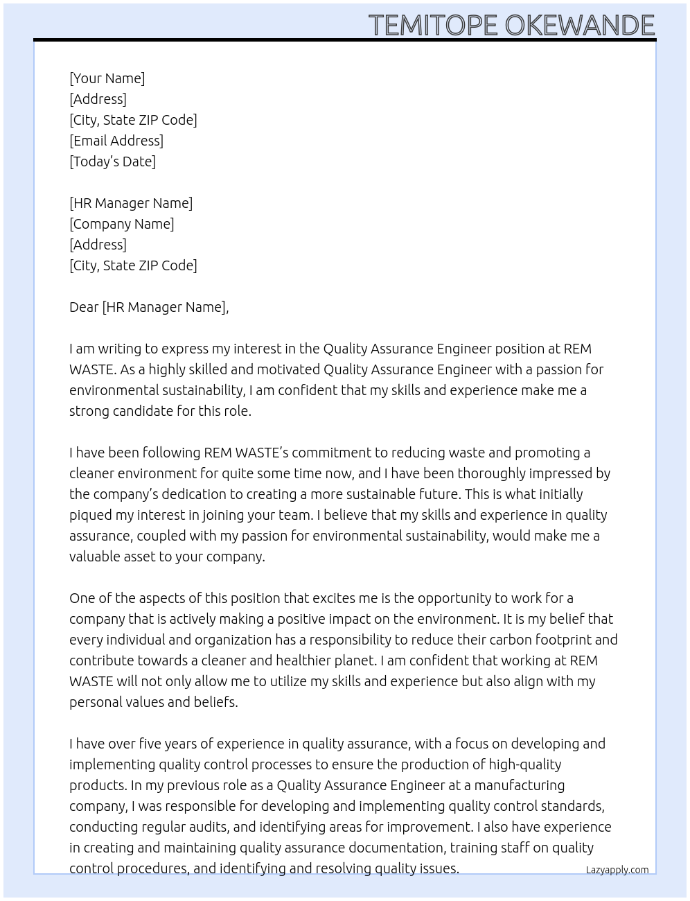 Quality Assurance Engineer At REM WASTE Cover Letter