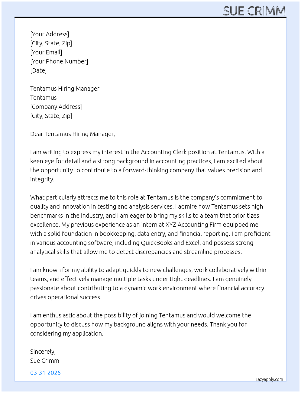 Accounting Clerk At Tentamus Cover Letter