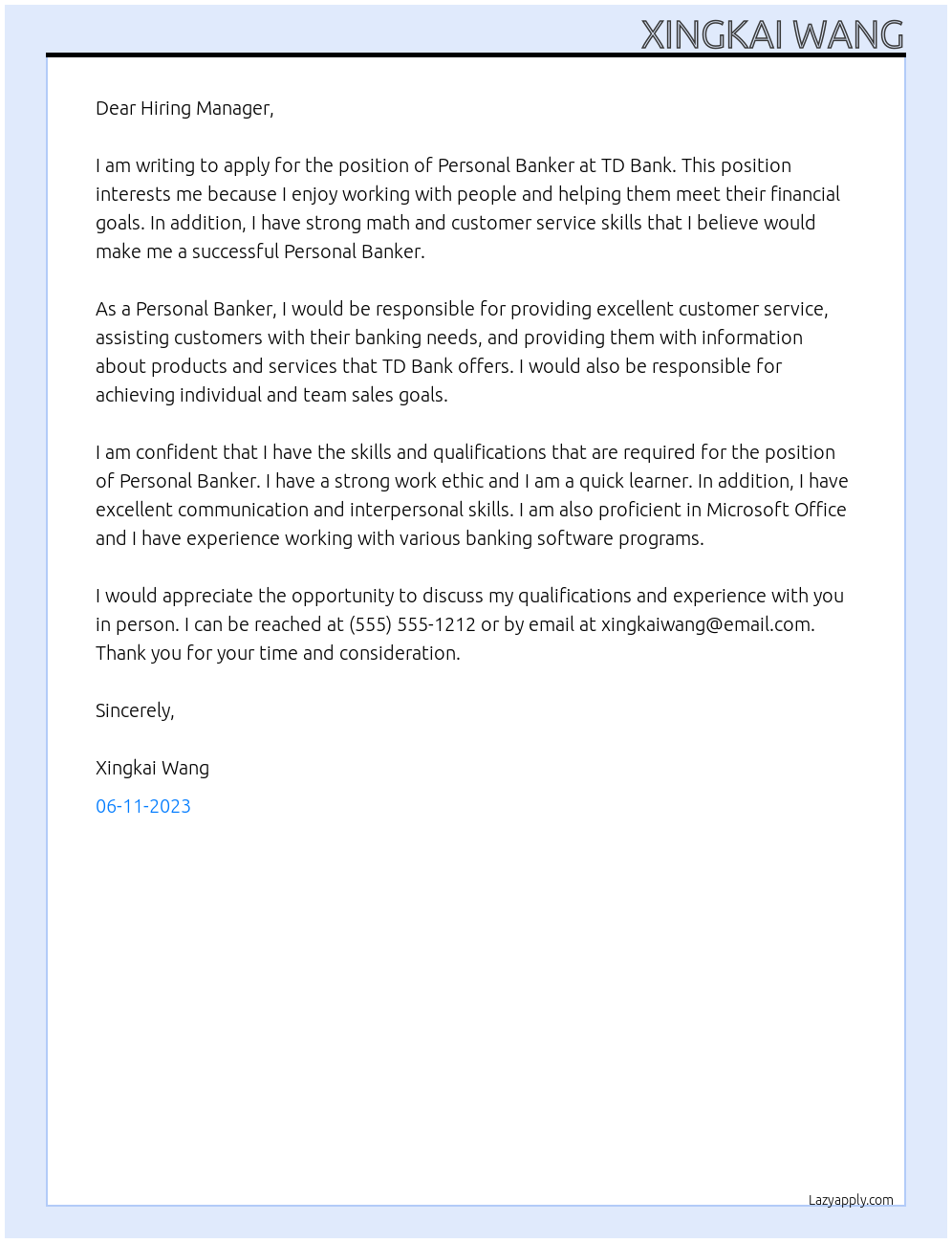 Personal Banker At TD Bank Cover Letter