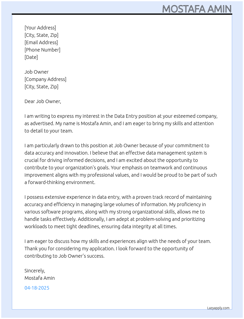 Data Entry At Job owner Cover Letter