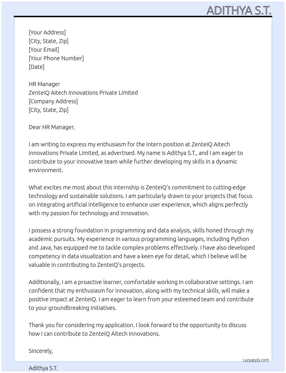 Cover letter for intern - LazyApply