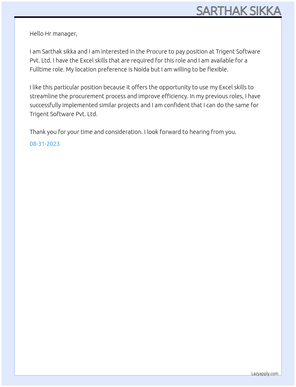 Procure to pay At Trigent Software Pvt. Ltd.  Cover Letter