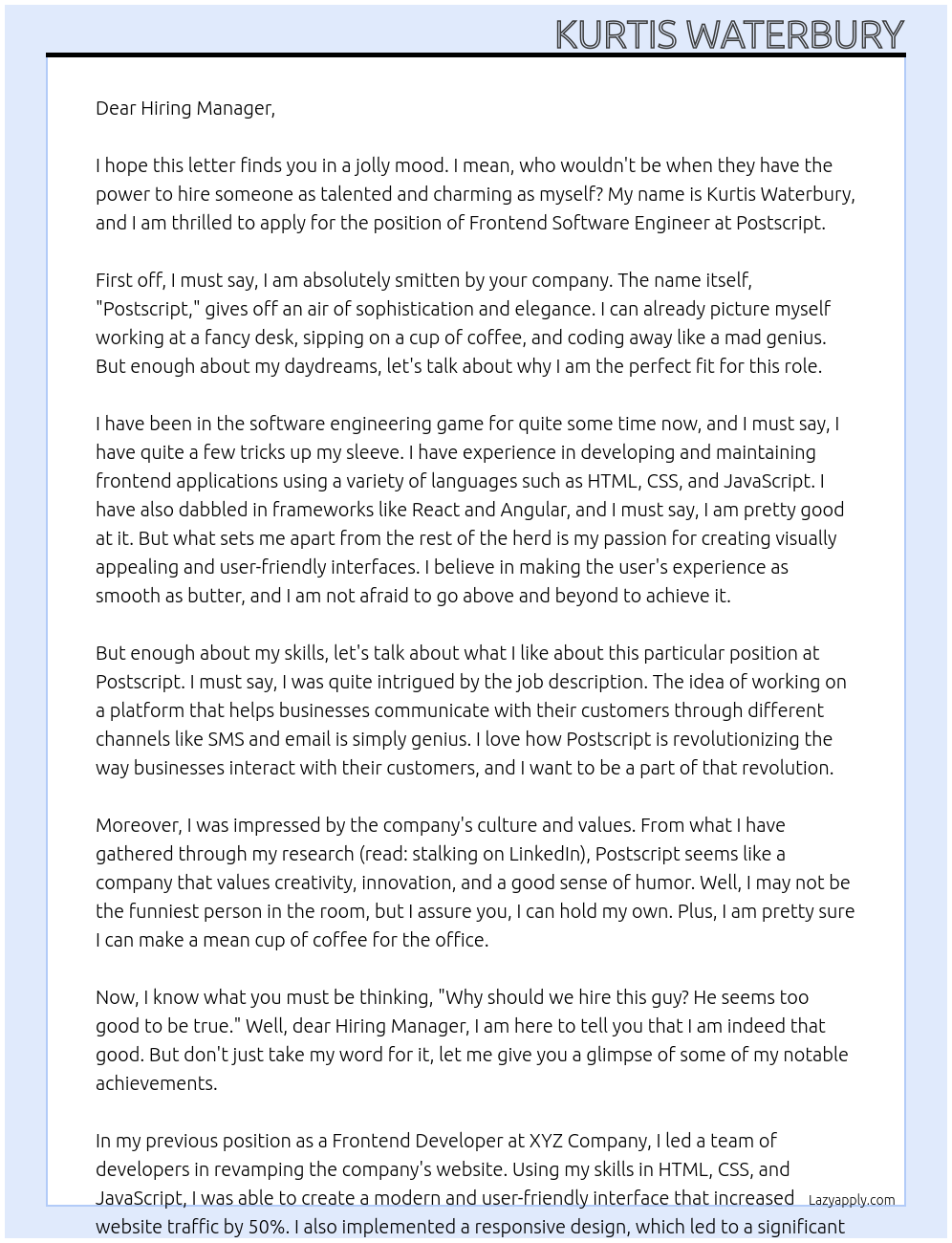 Frontend Software Engineer At Postscript Cover Letter