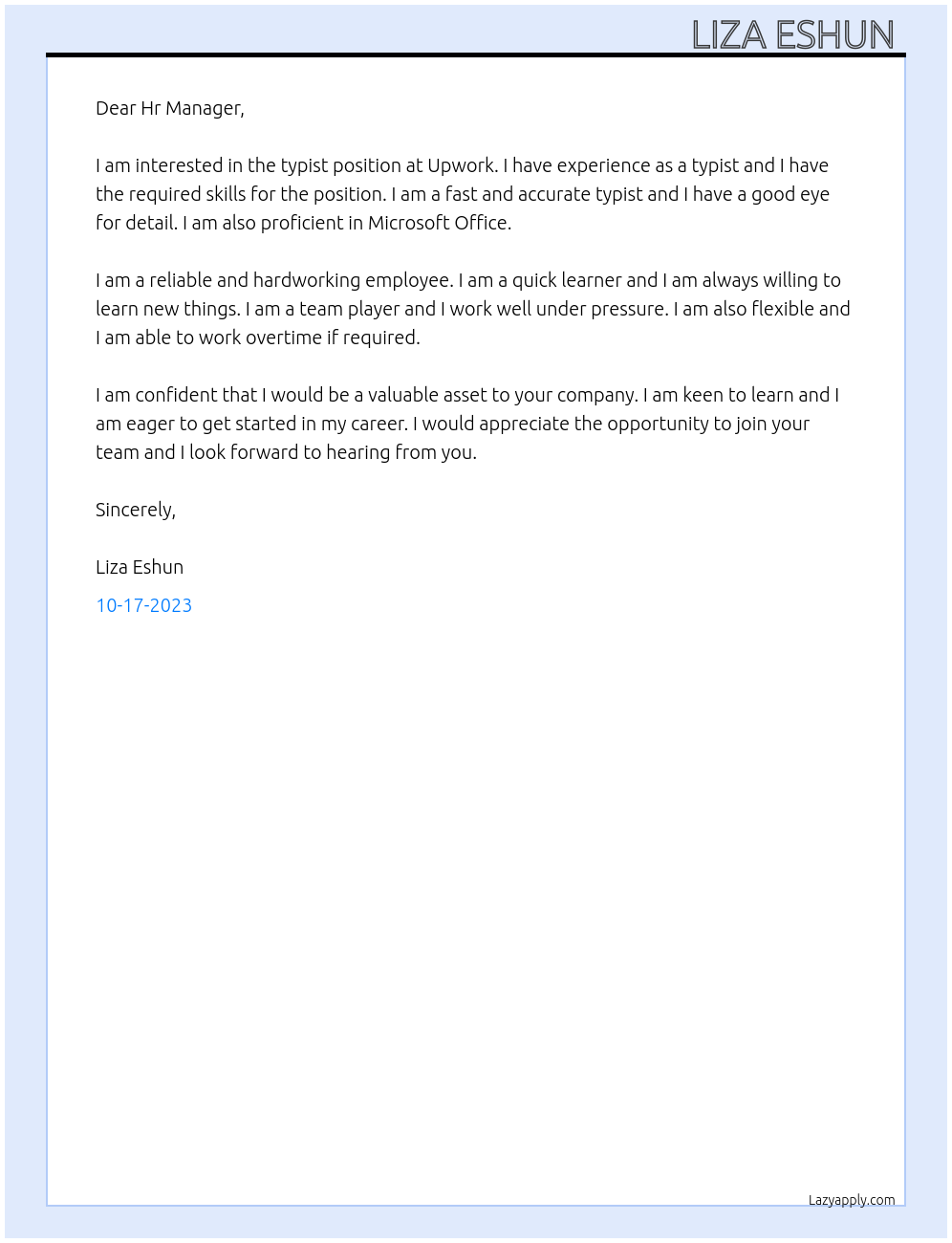 Typist  At Upwork  Cover Letter