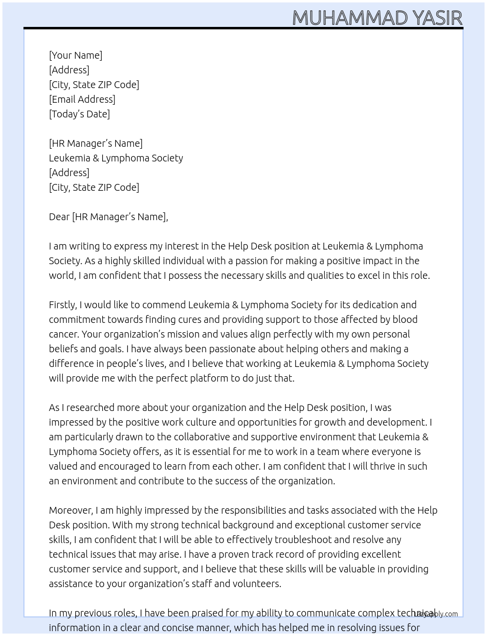 Help Desk At Leukemia & Lymphoma Society Cover Letter