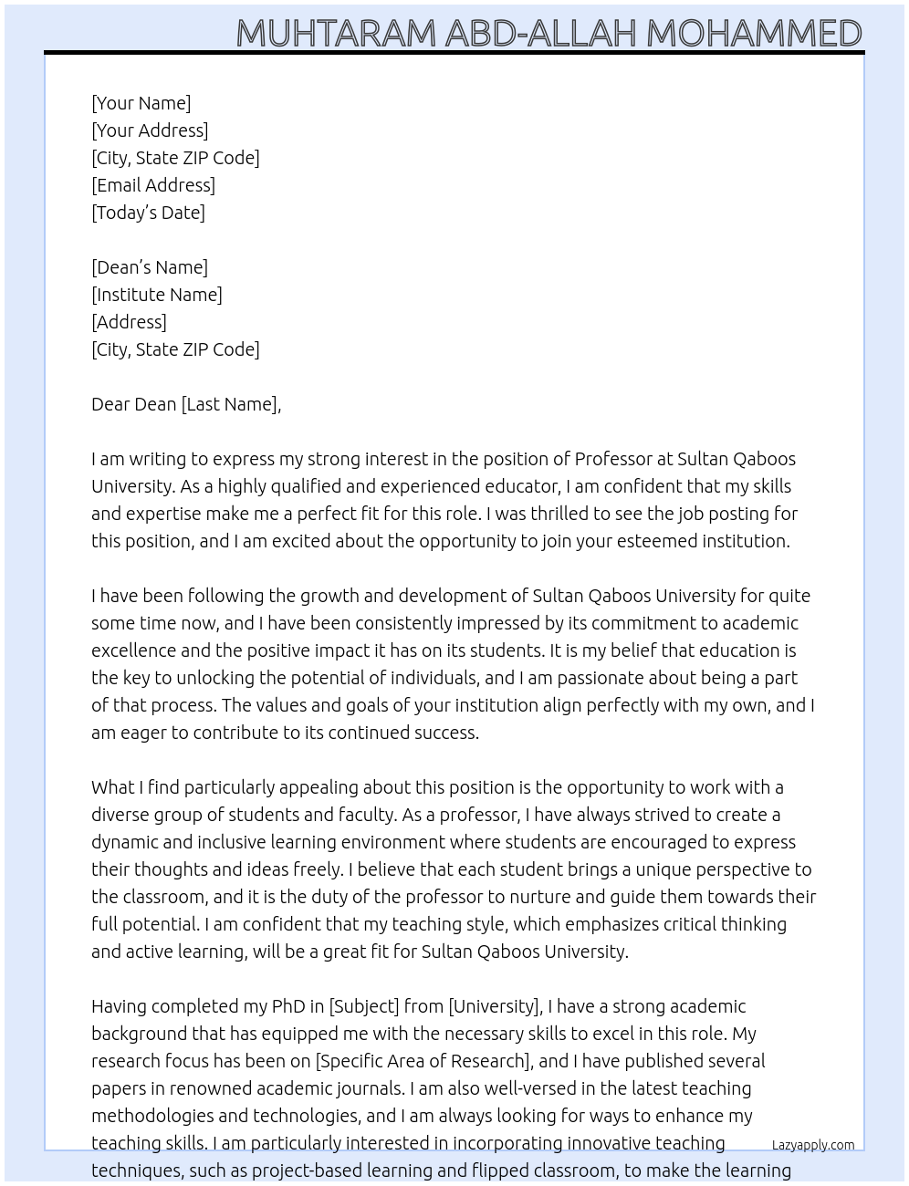 Professor At Sultan Qaboos university Cover Letter