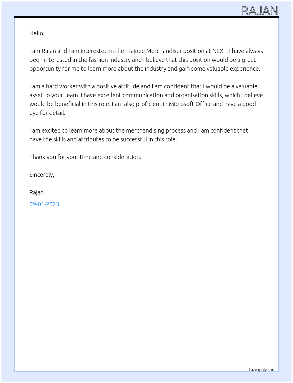 TRAINEE MERCHANDISER At NEXT Cover Letter