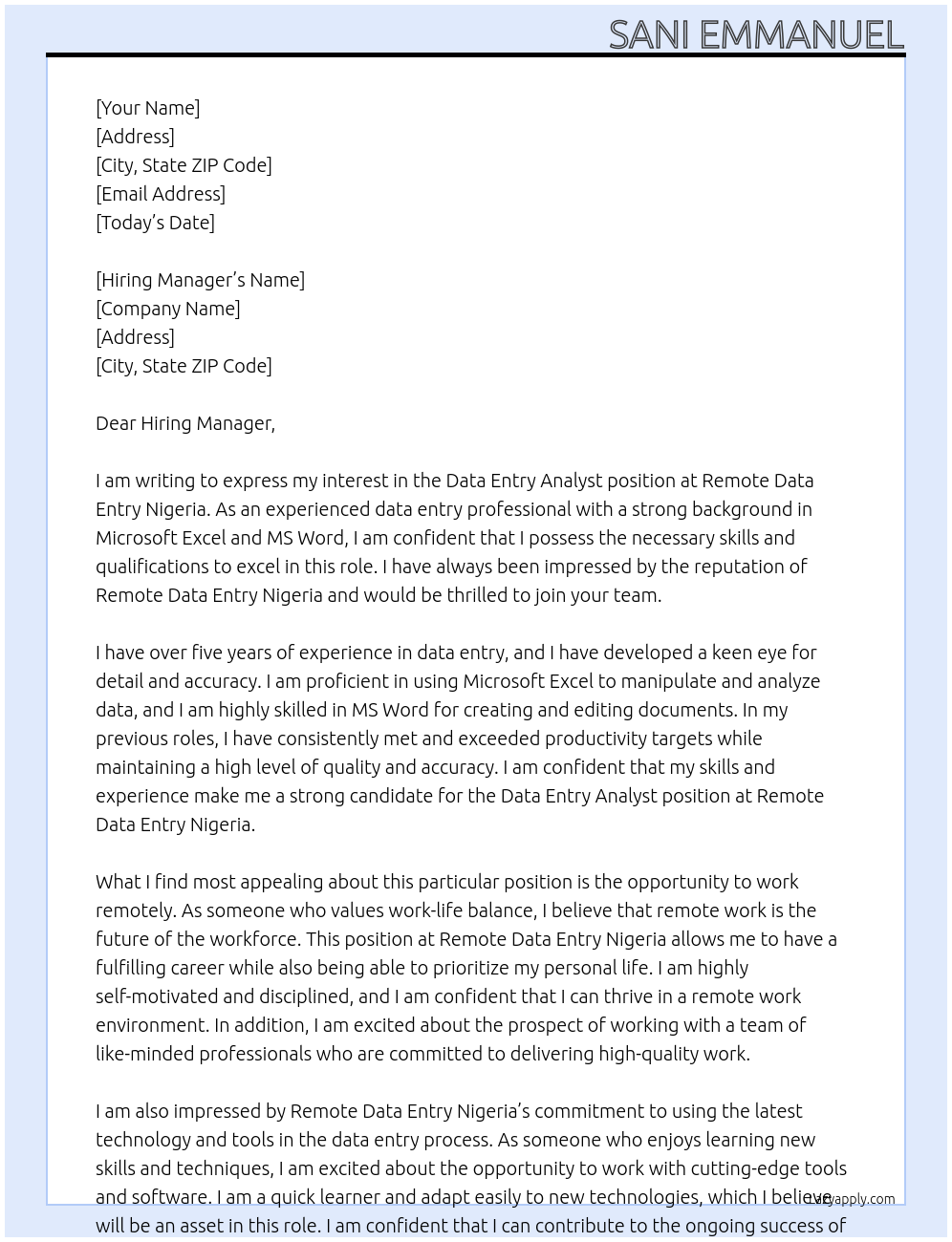Data Entry Analyst At Remote data entry Nigeria Cover Letter