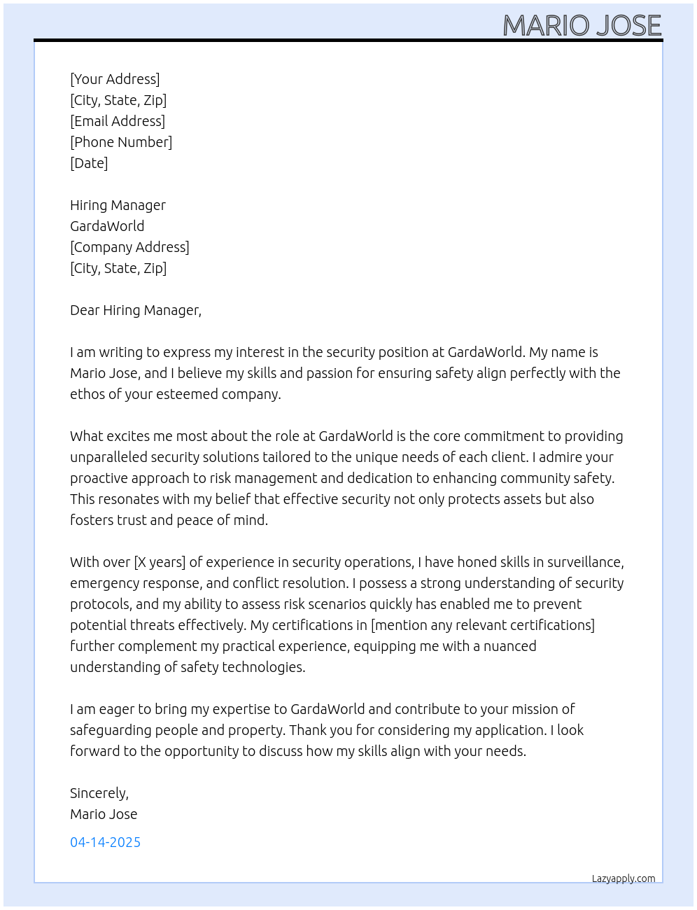 security At Garda World Cover Letter