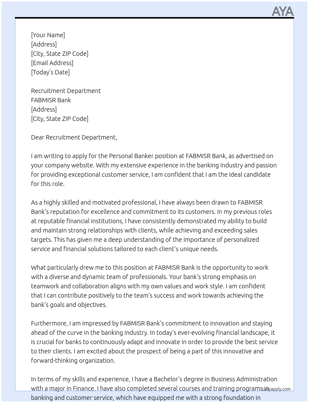 personal banker At FABMISR bank Cover Letter