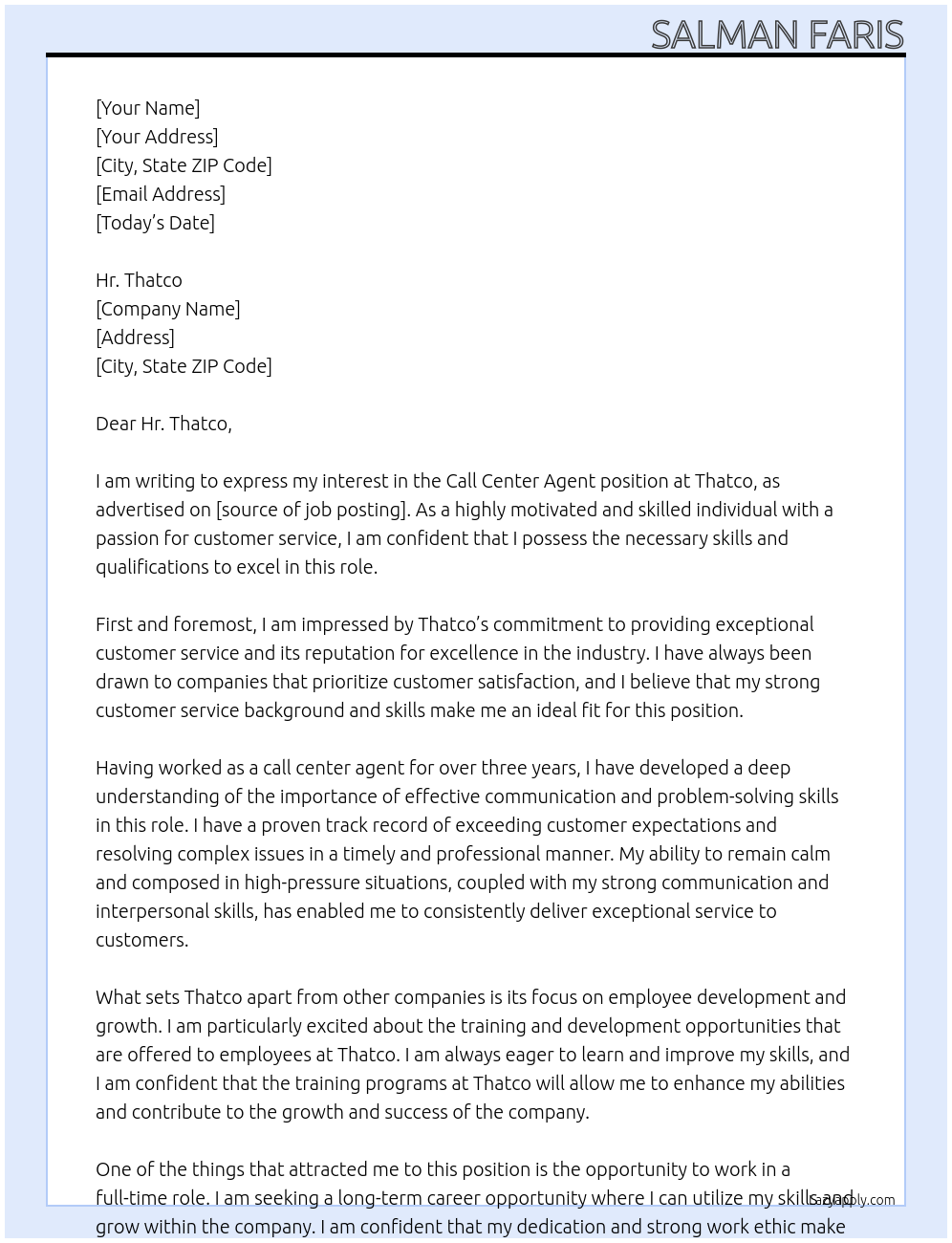 Call center agent At Thatco Cover Letter