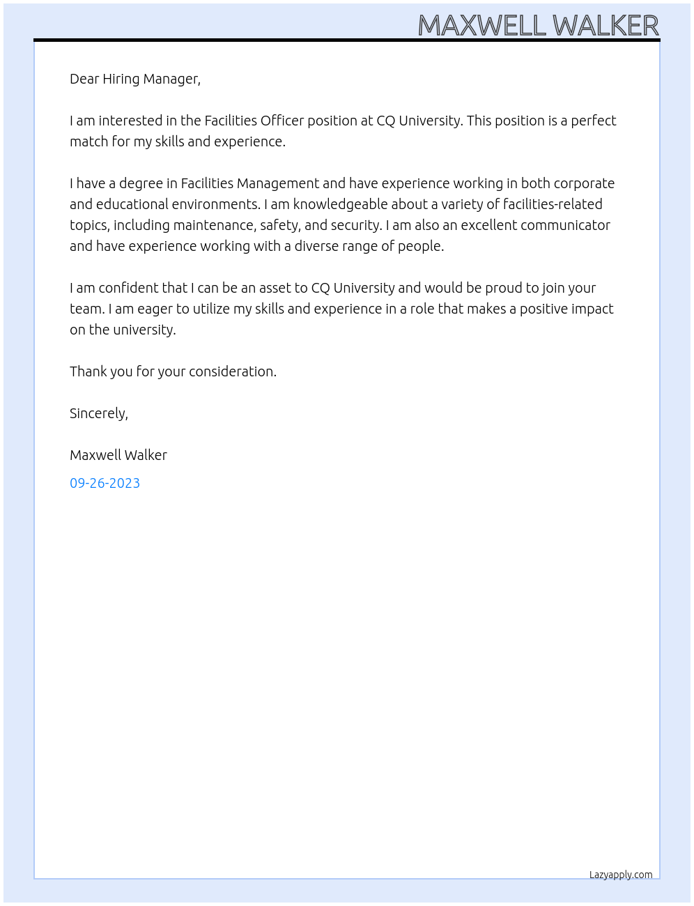 FACILITIES OFFICER At CQ University Cover Letter