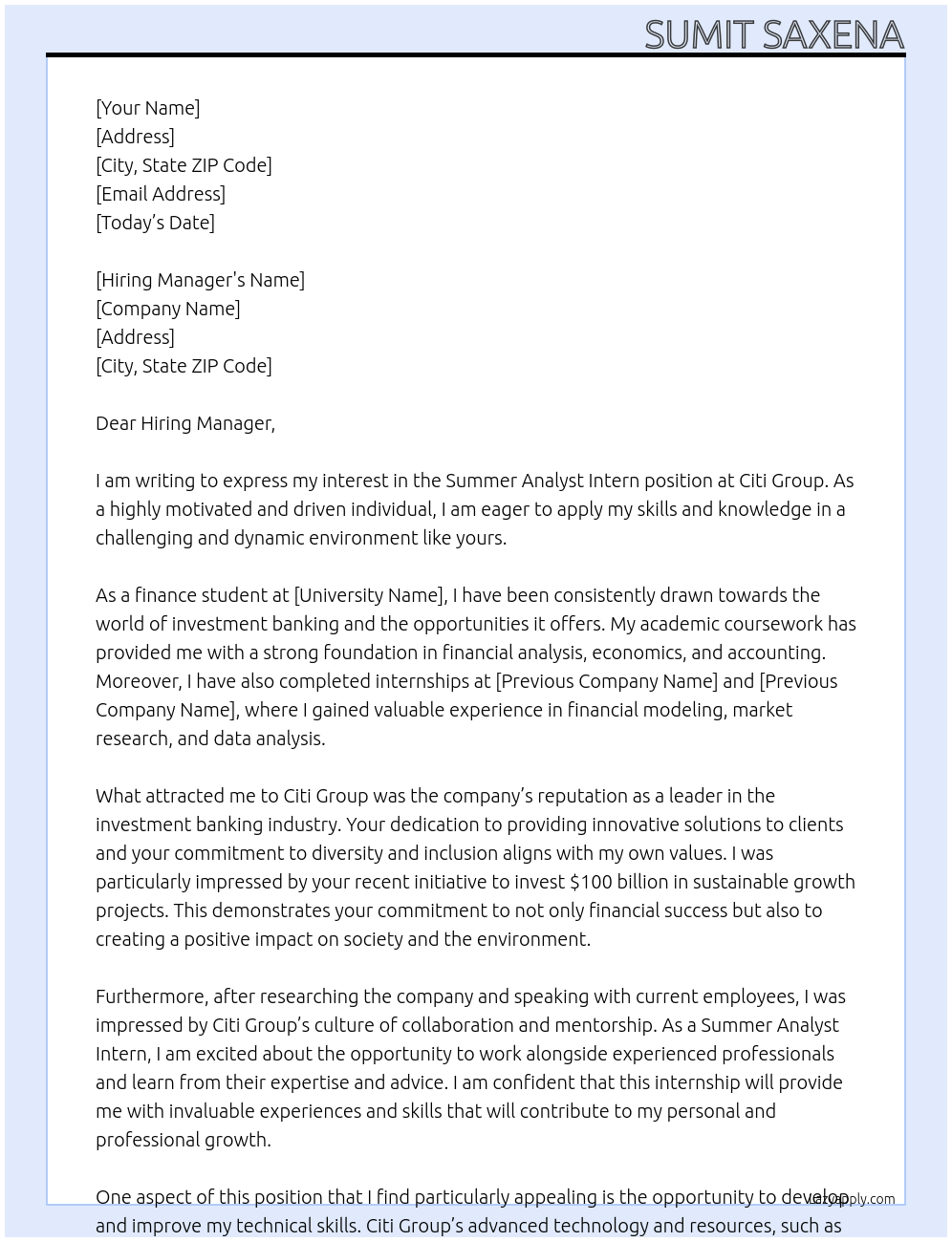 summer analyst intern At Citi Group Cover Letter