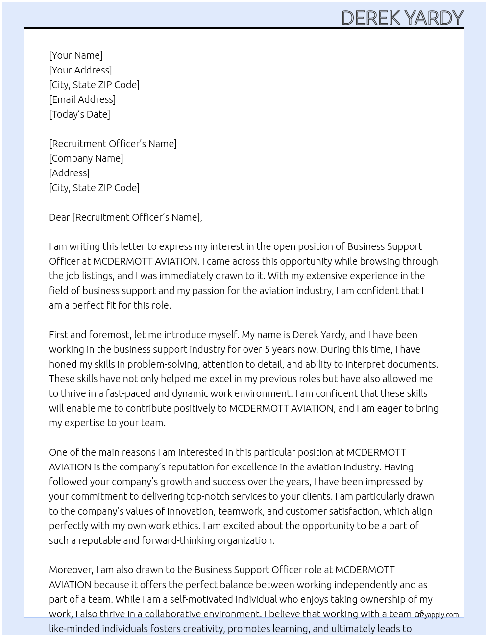 Business Support Officer At MCDERMOTT AVIATION Cover Letter