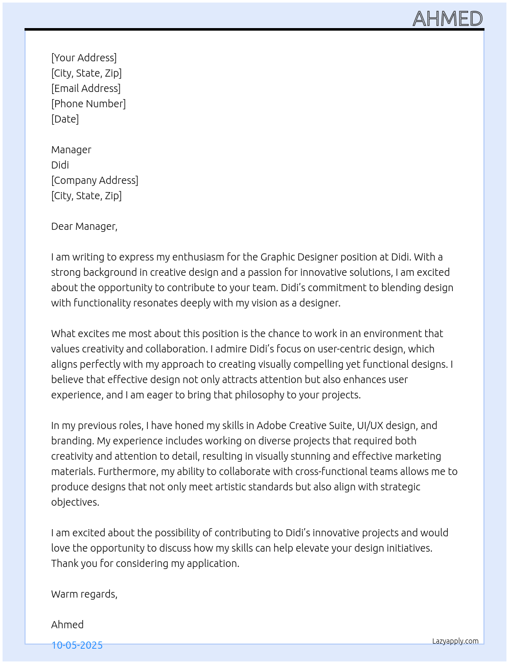 graphic designer At didi Cover Letter