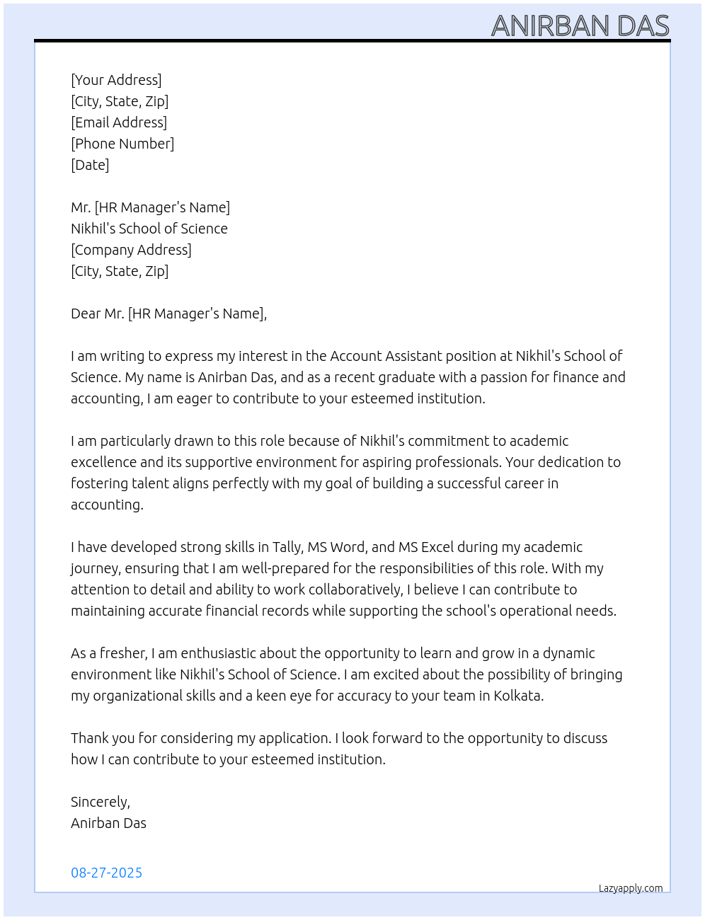 Account Assistant At Nikhil's School of Science Cover Letter