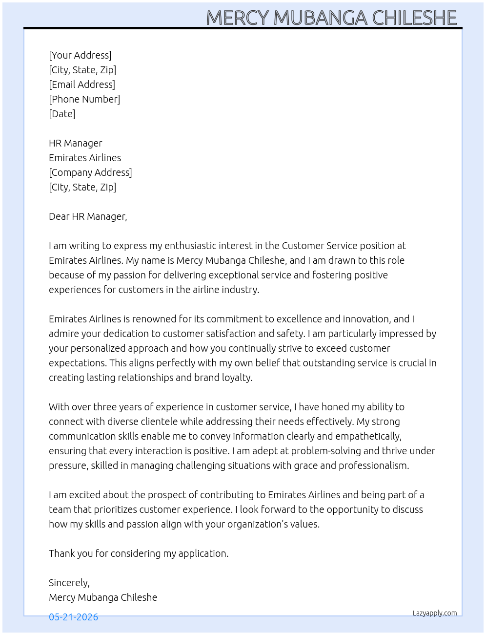 Customer service  At Emirates Airlines  Cover Letter