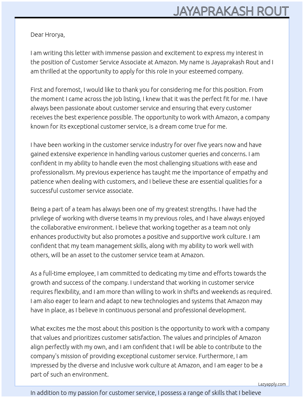 Customer Service Associate At Amazon Cover Letter