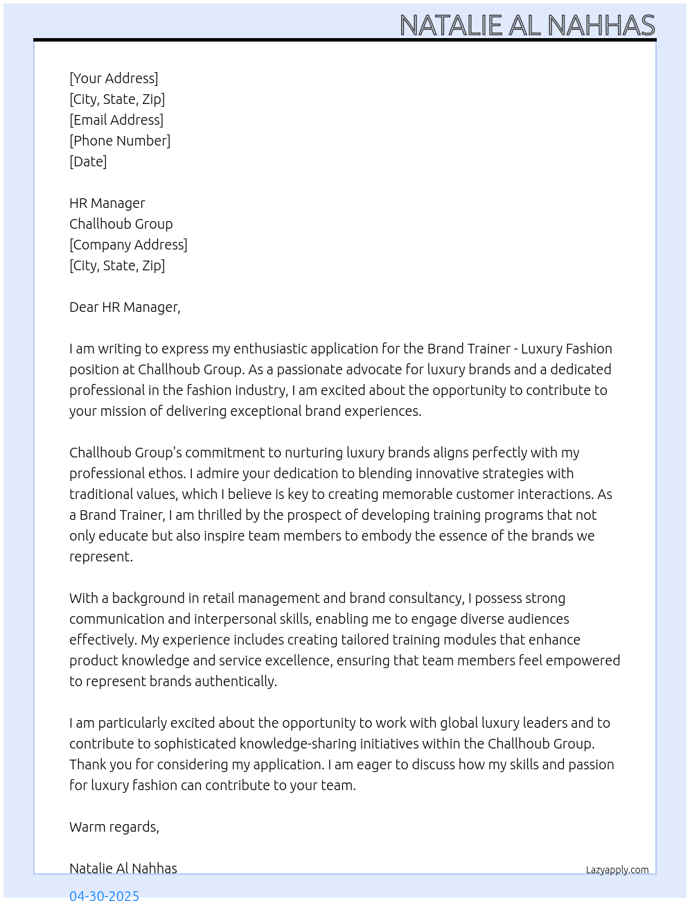 Cover letter for brand trainer - luxury fashion - LazyApply
