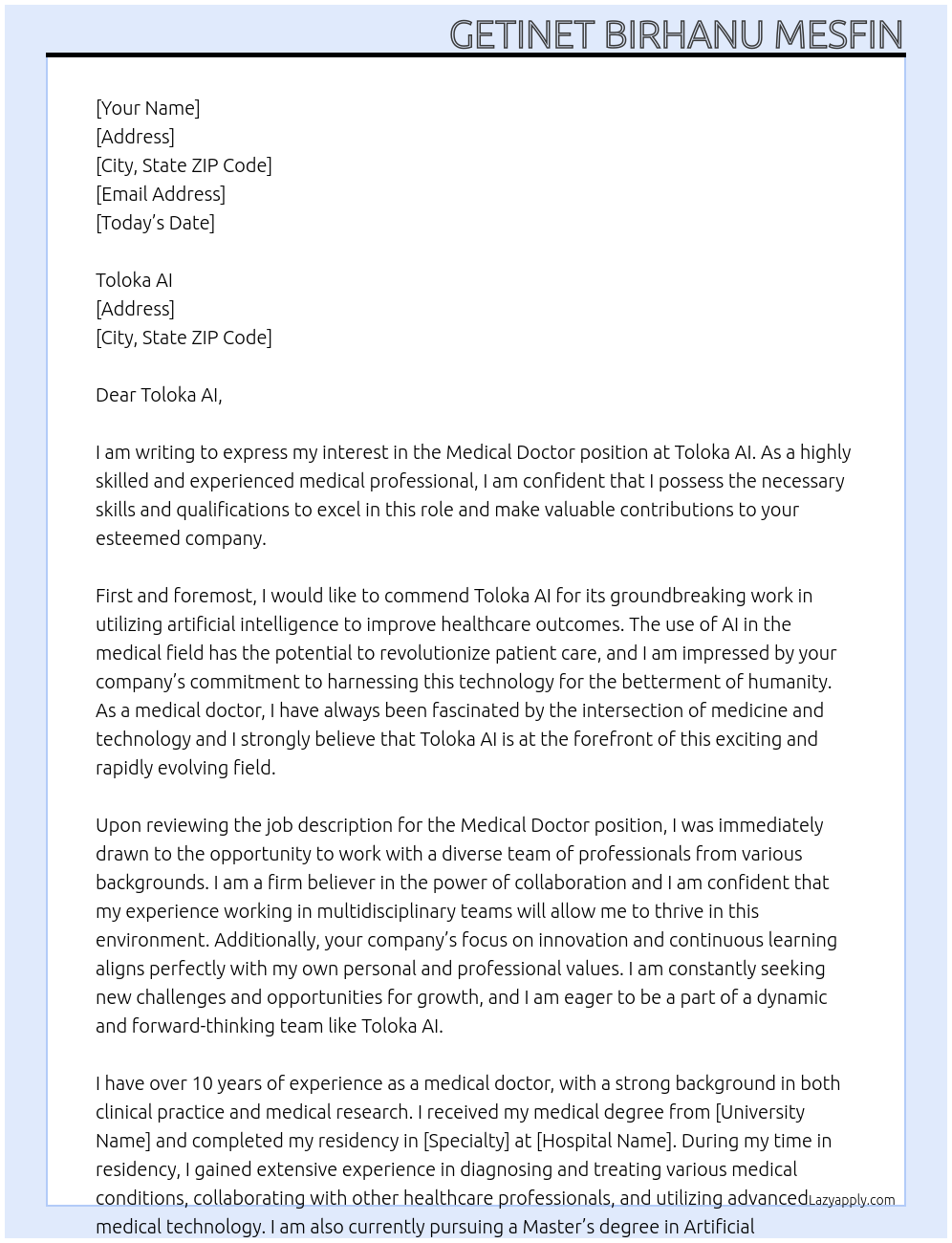 Medical Doctor At Toloka AI Cover Letter