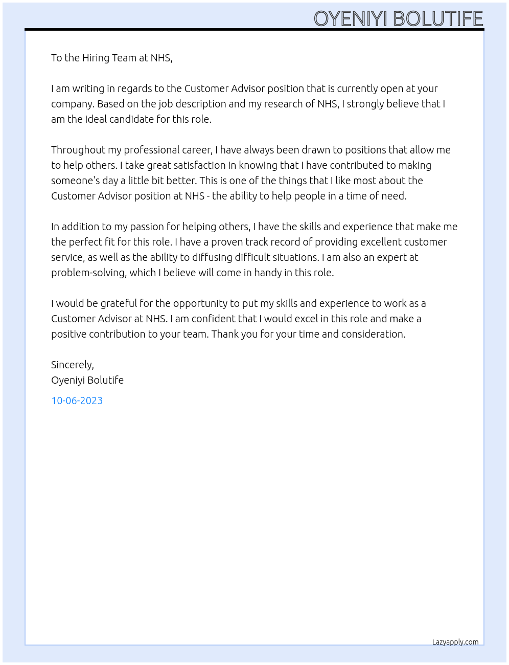 customer advisor At NHS Cover Letter