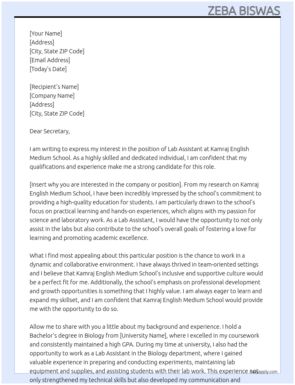 Lab Assistant At Kamraj English Medium School Cover Letter