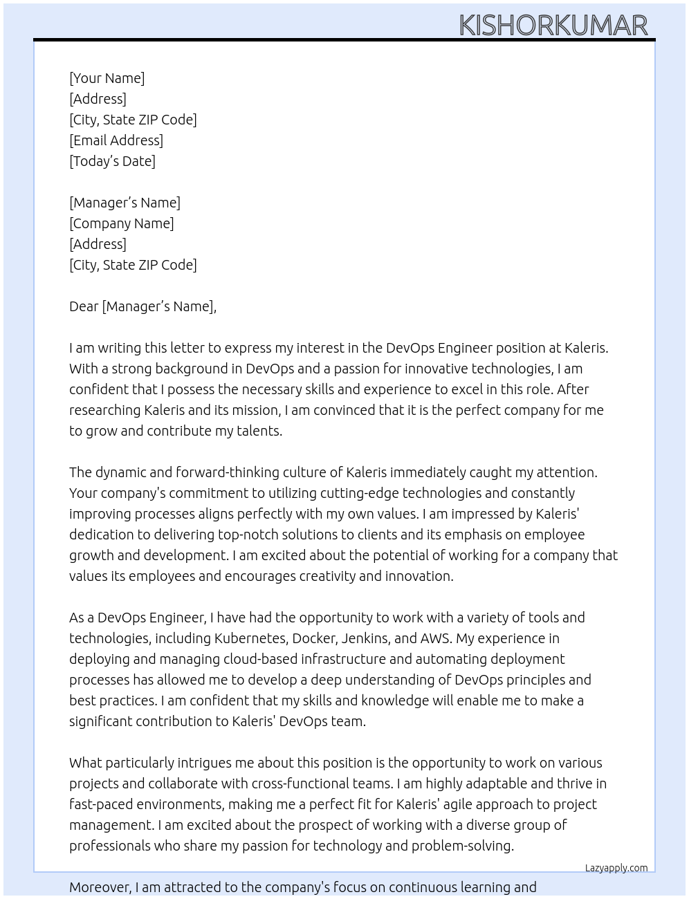 devops enginner  At Kaleris Cover Letter