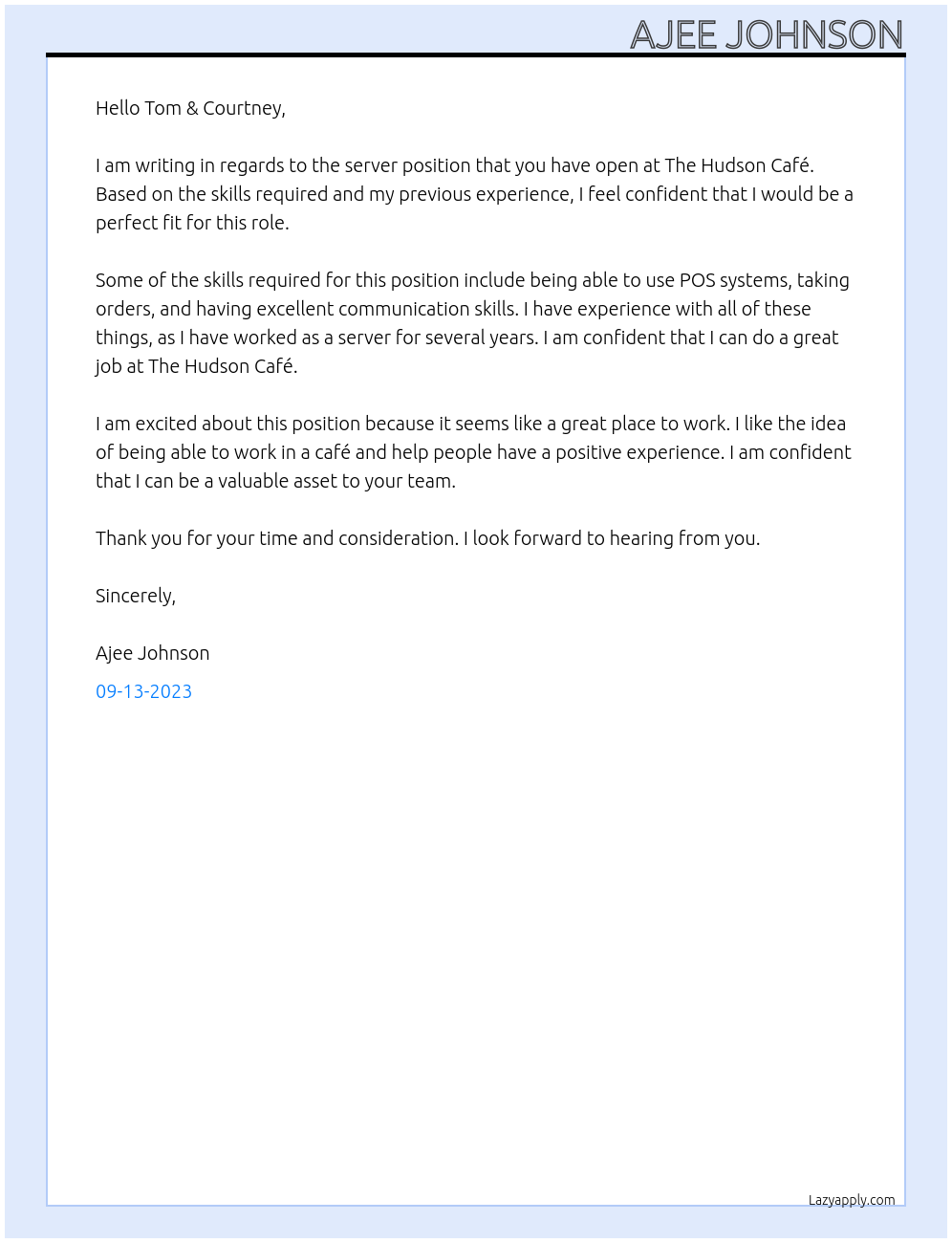 Server At The Hudson Cafw Cover Letter