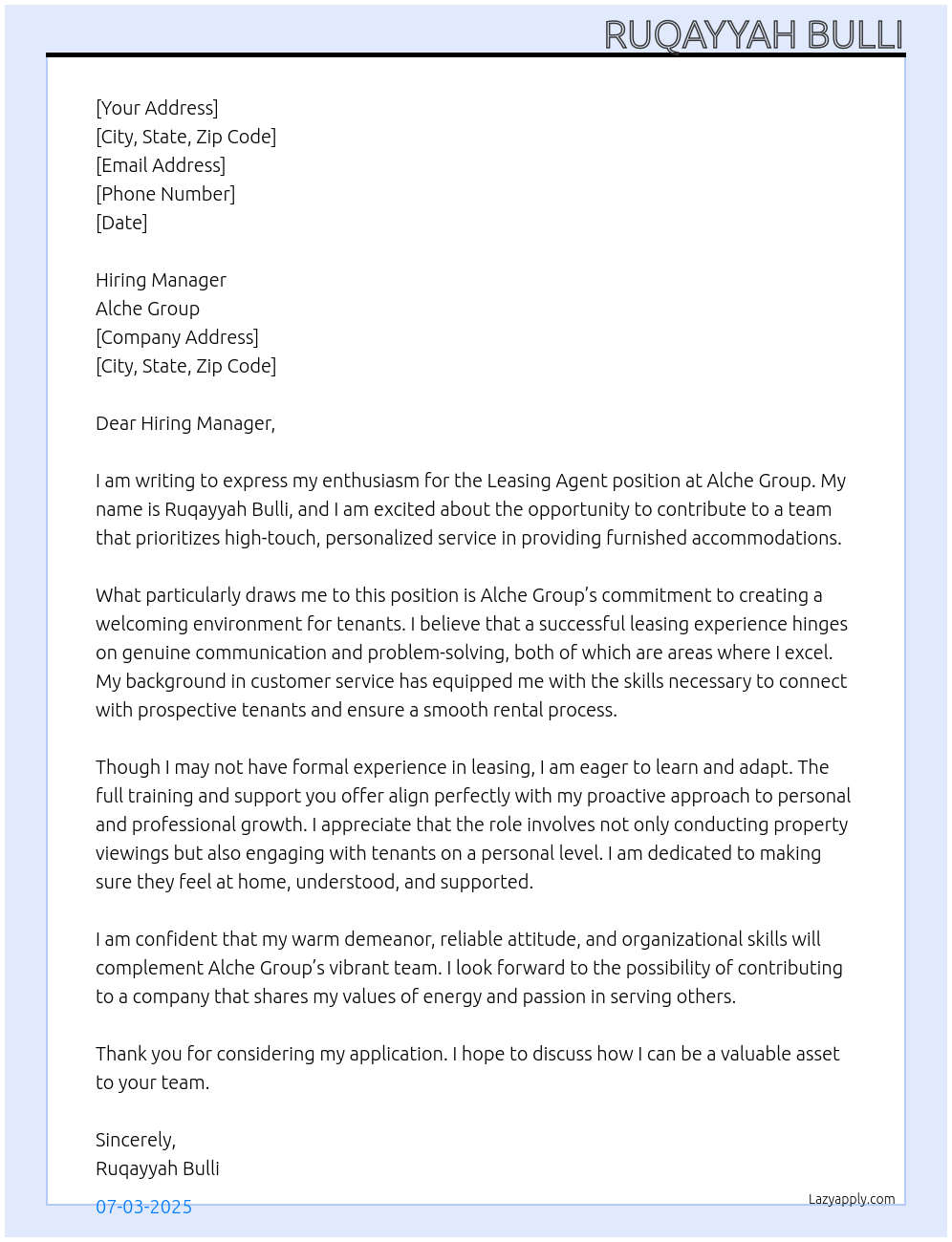 Leasing Agent At Alche Group Cover Letter