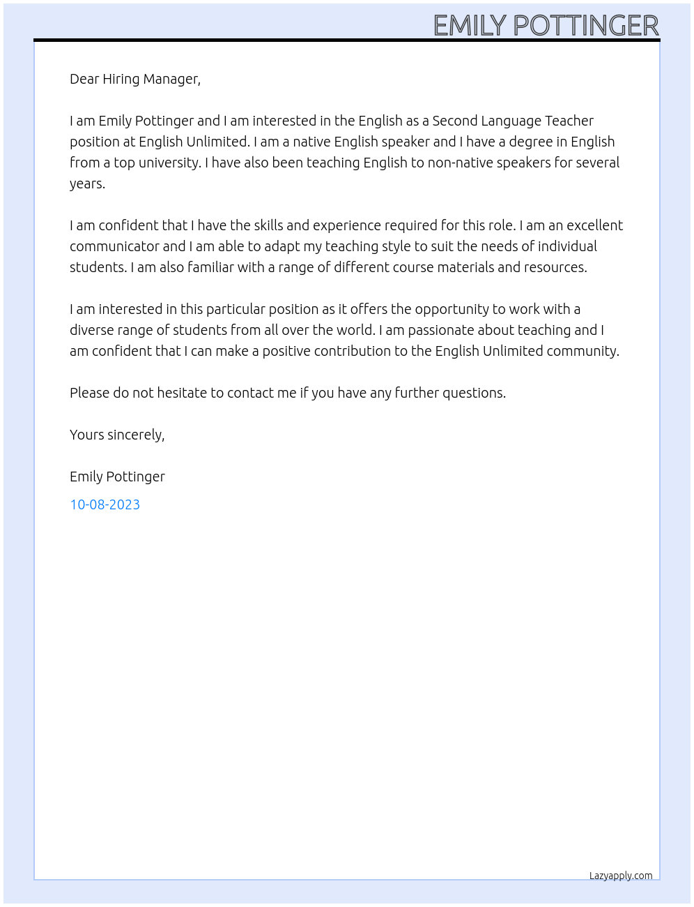 English as a Second Language Teacher At English Unlimited Cover Letter