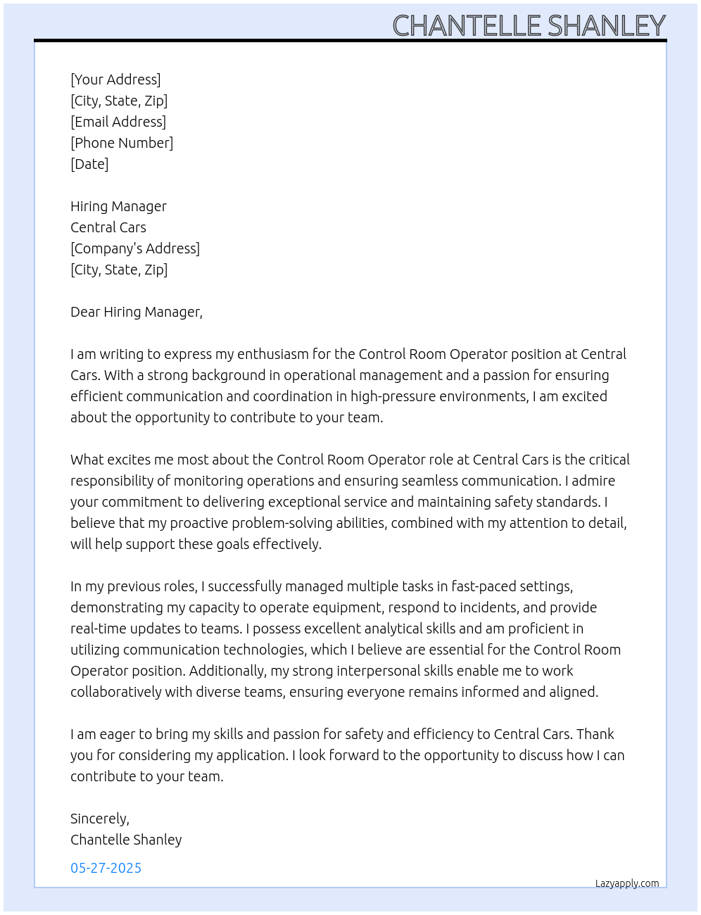 Control Room Operator At Central Cars Cover Letter