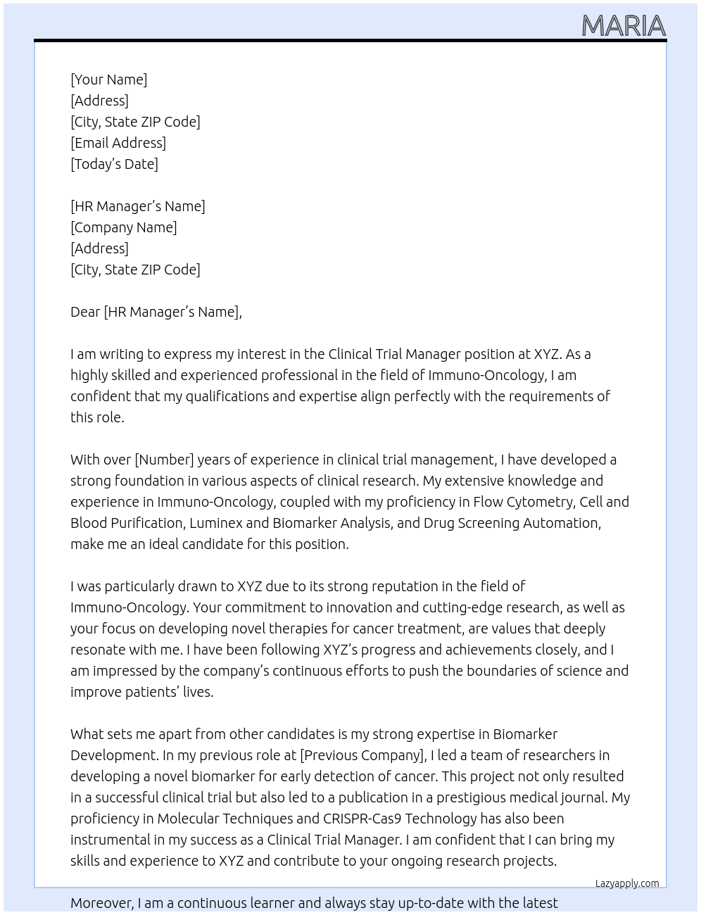 clinical trial manager At XYZ Cover Letter