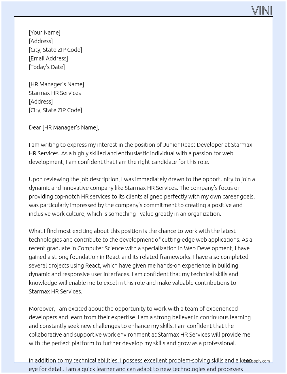 Cover letter for junior react developer - LazyApply