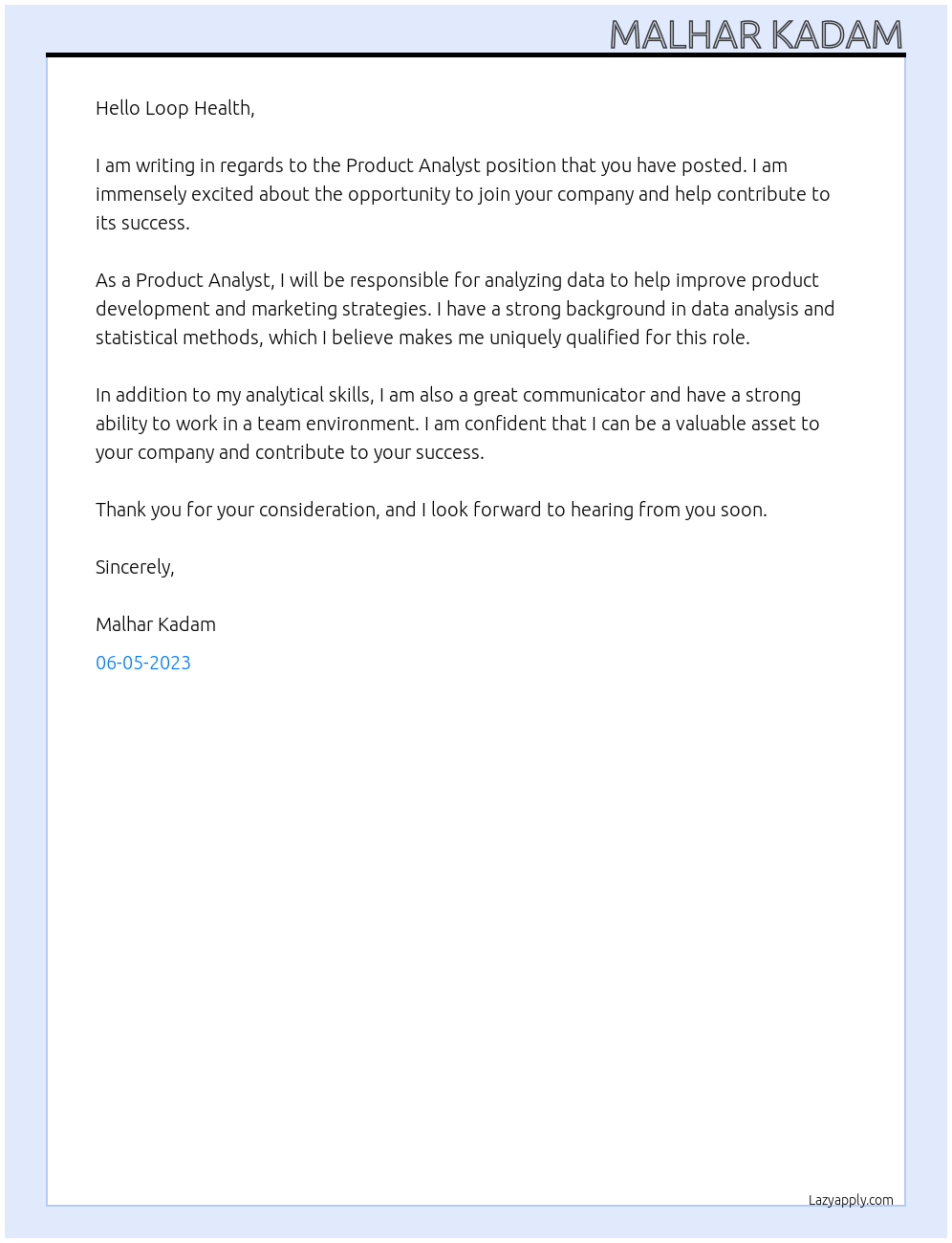 product analyst At malhar kadam Cover Letter